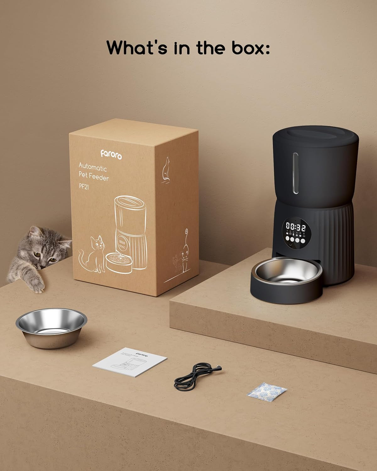 Faroro Futterautomat Katze, 4L Katzenfutter Automat, Futterspender Katze Mit 1–6 Mahlzeiten Per Tag, Portionskontrolle, 10s Sprache, Langsames Füttern (Schwarz)