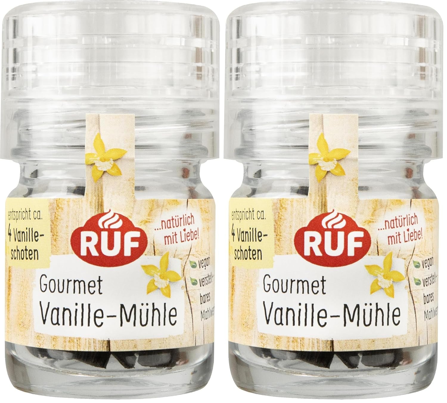 RUF Bio Bourbon Vanille-Mühle, Gewürz-Mühle aus aroma-sicherem Glas, Vegan, Verstellbares Mühlwerk, Vanilleschoten zum Backen und Kochen, 1 x 7.5 g
