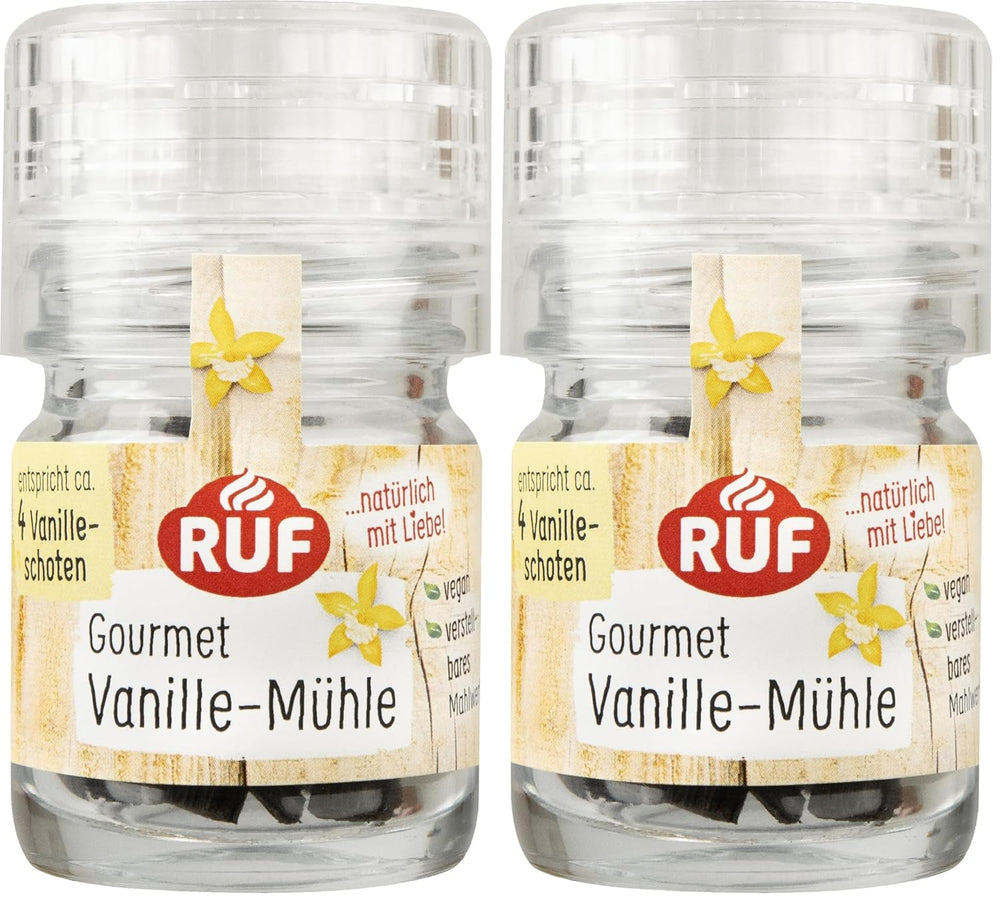 RUF Bio Bourbon Vanille-Mühle, Gewürz-Mühle aus aroma-sicherem Glas, Vegan, Verstellbares Mühlwerk, Vanilleschoten zum Backen und Kochen, 1 x 7.5 g