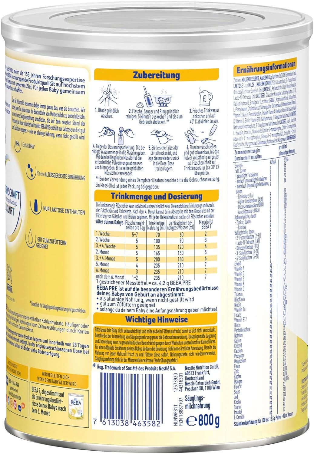 BEBA PRE Initial Milk from Birth, Baby Food with DHA, Lactose Only, No Palm Oil, Pack 3 (3 x 800g) Naty Shop