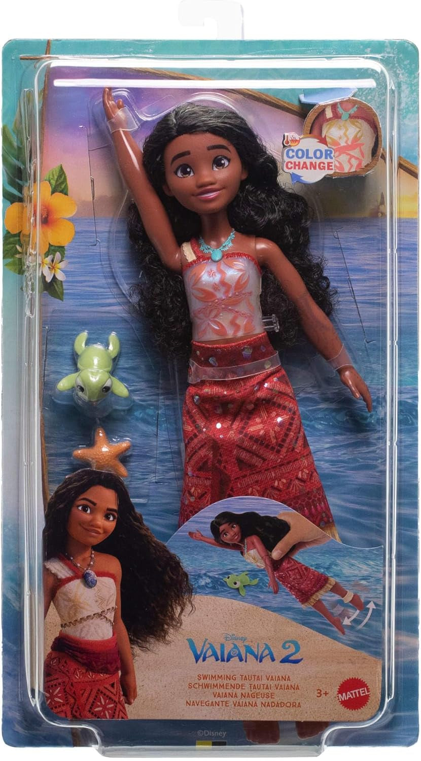 Jucării Mattel din Disney Moana 2, păpușă de modă Tautai Moana care înoată cu 2 accesorii, vârf și picioare care își schimbă culoarea pentru mișcări de înot, inspirată din film, JFF09