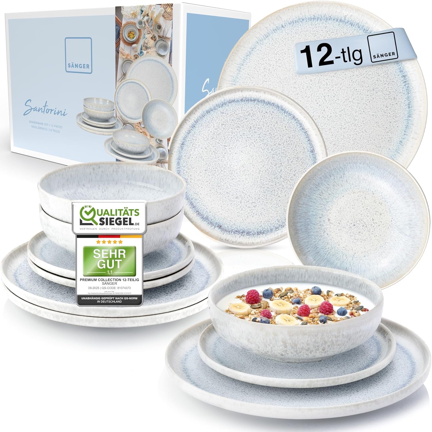 SÄNGER | Set de veselă Santorini cu 12 piese, set de farfurii pentru 4 persoane, evaluat FOARTE BUN, set de veselă din gresie, inclusiv farfurii de cină, farfurii de desert și farfurii de sumă, crem cu gradient liliac-albastru | COLECȚIA PREMIUM