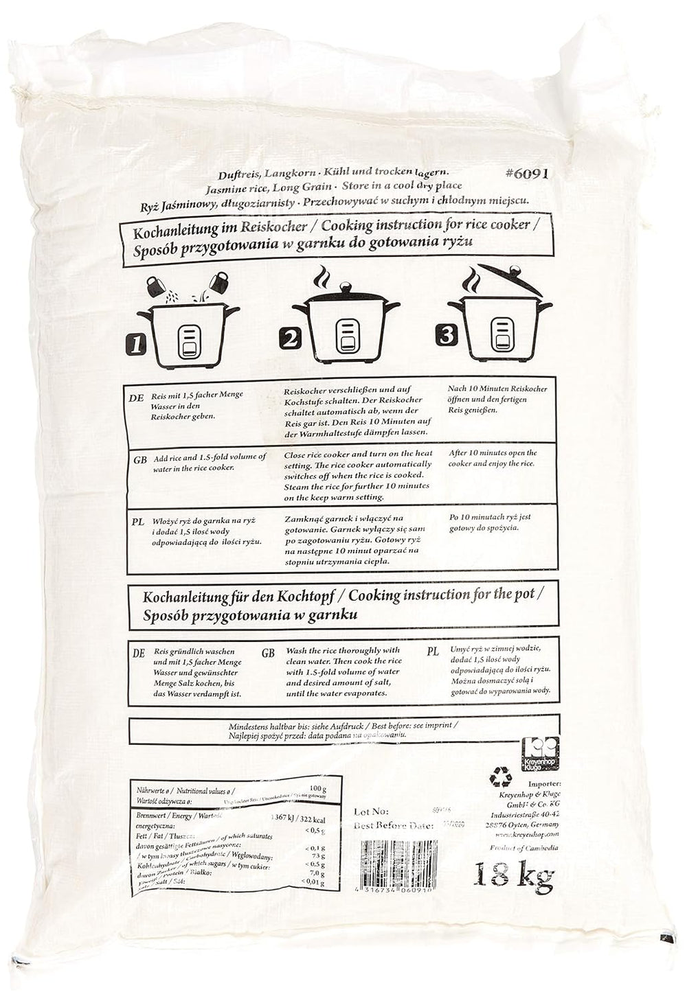 Fragrant rice/jasmine rice, long grain, AAA quality, 1 package (1 x 18 kg)