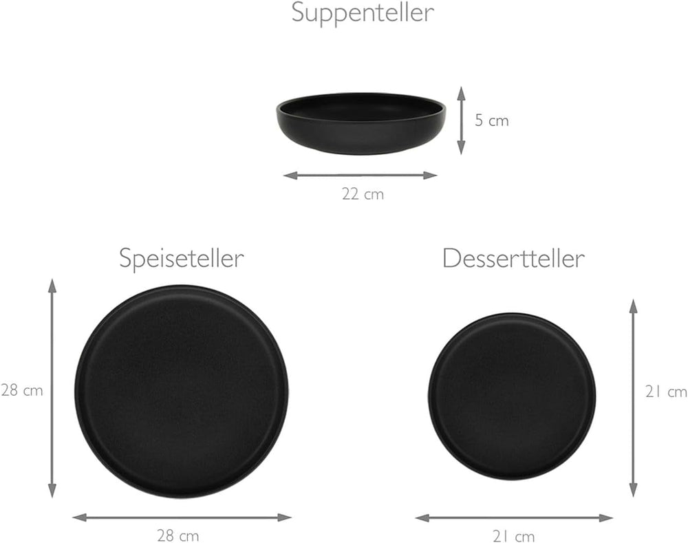 Creatable, 22979, Serie Uno BLACK, 12-Teiliges Geschirrset, Teller Set Aus Steinzeug, Spülmaschinen- Und Mikrowellengeeignet, Made in Portugal Tableware Sets Naty Shop