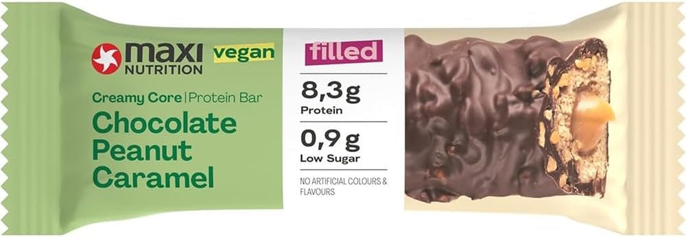 MaxiNutrition Creamy vegan protein bar with chocolate, peanuts and caramel 12x45g - vegan protein bar, 18% protein, 8.3g per bar, low sugar content (0.9g), no added sugar, no artificial flavors