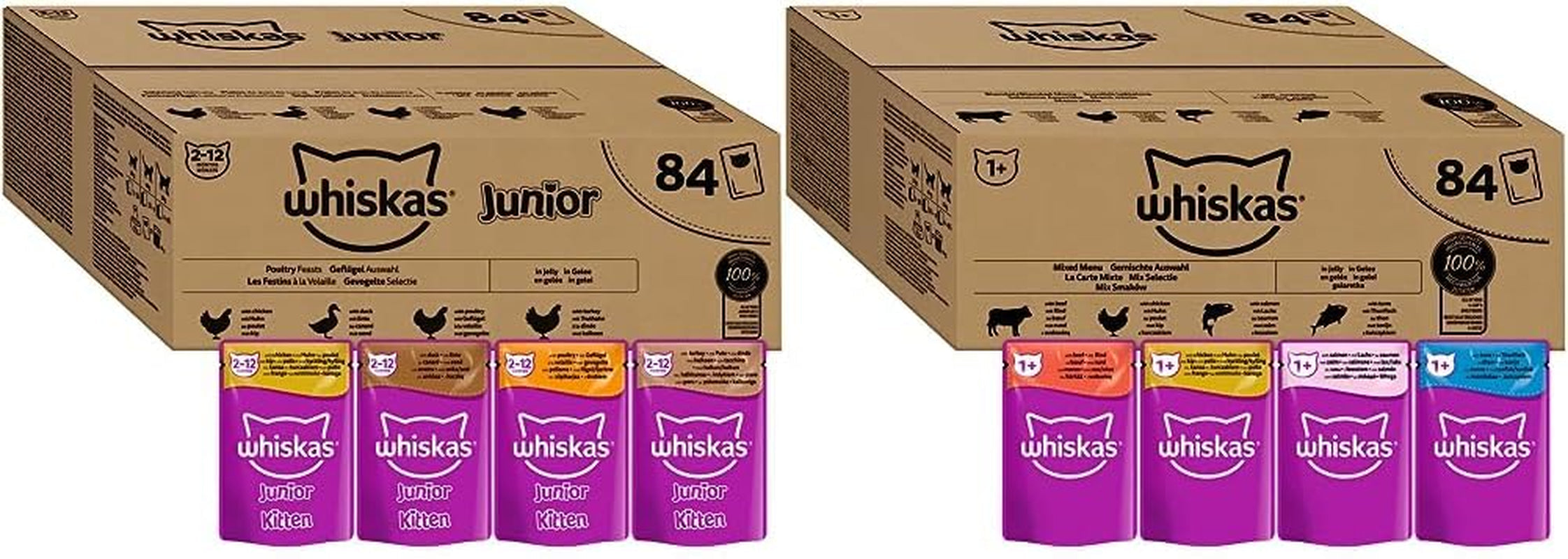 Hrană umedă pentru pisici Whiskas Adult 1+ Poultry selection in jelly, 120 pliculețe, 120X85G (1 pachet vrac) - Hrană umedă de înaltă calitate, Pentru pisici adulte