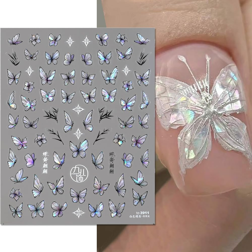 2 Blätter Schmetterling Nagelsticker Selbstklebend,Muschel Glitzer Nail Art Butterfly Nail Sticker Lila Grau Schmetterlinge Nagelaufkleber Relief Laser Butterflies Nagel Sticker Nageldesign Zubehör