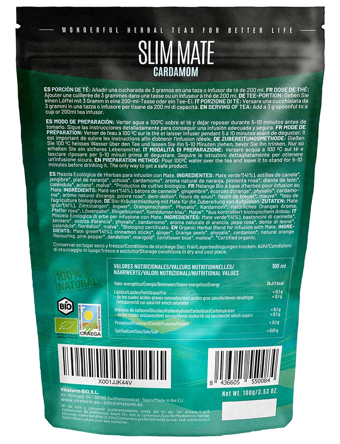 VITSTORM® Slim Tea Cardamom – Ceai Yerba Mate BIO – Cură de detoxifiere și ceai diuretic – 100G