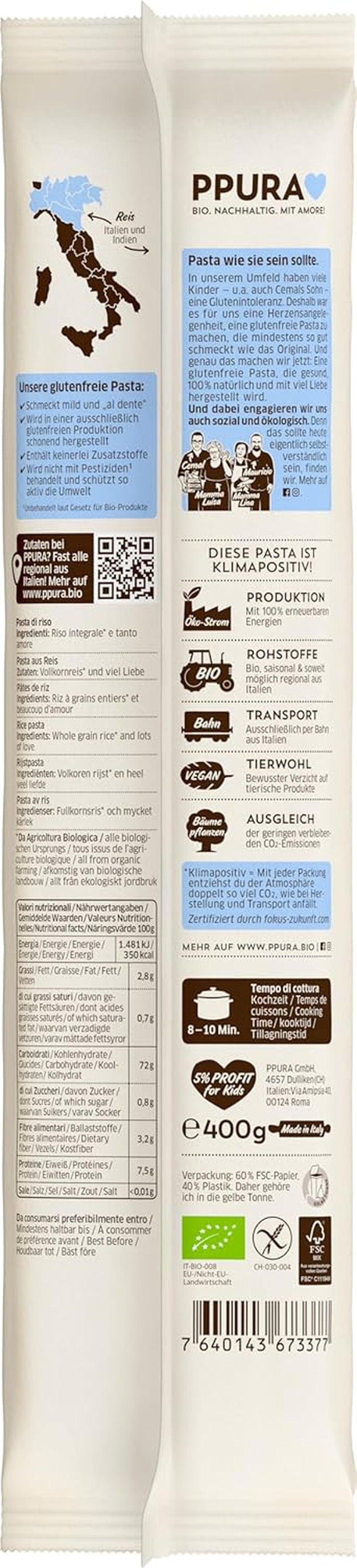 PPURA Spaghetti with organic gluten-free whole rice 400g - Italian natural pasta with organic whole rice - Gluten-free, without sugar or additives, traditionally prepared