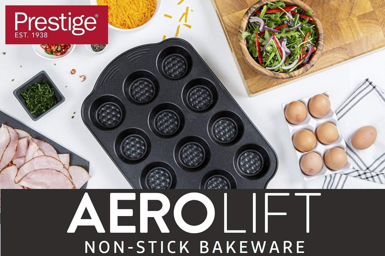 Prestige 48227 Aerolift Muffin Zinn, Carbon Steel, Schwarz Molds and baking trays Naty Shop