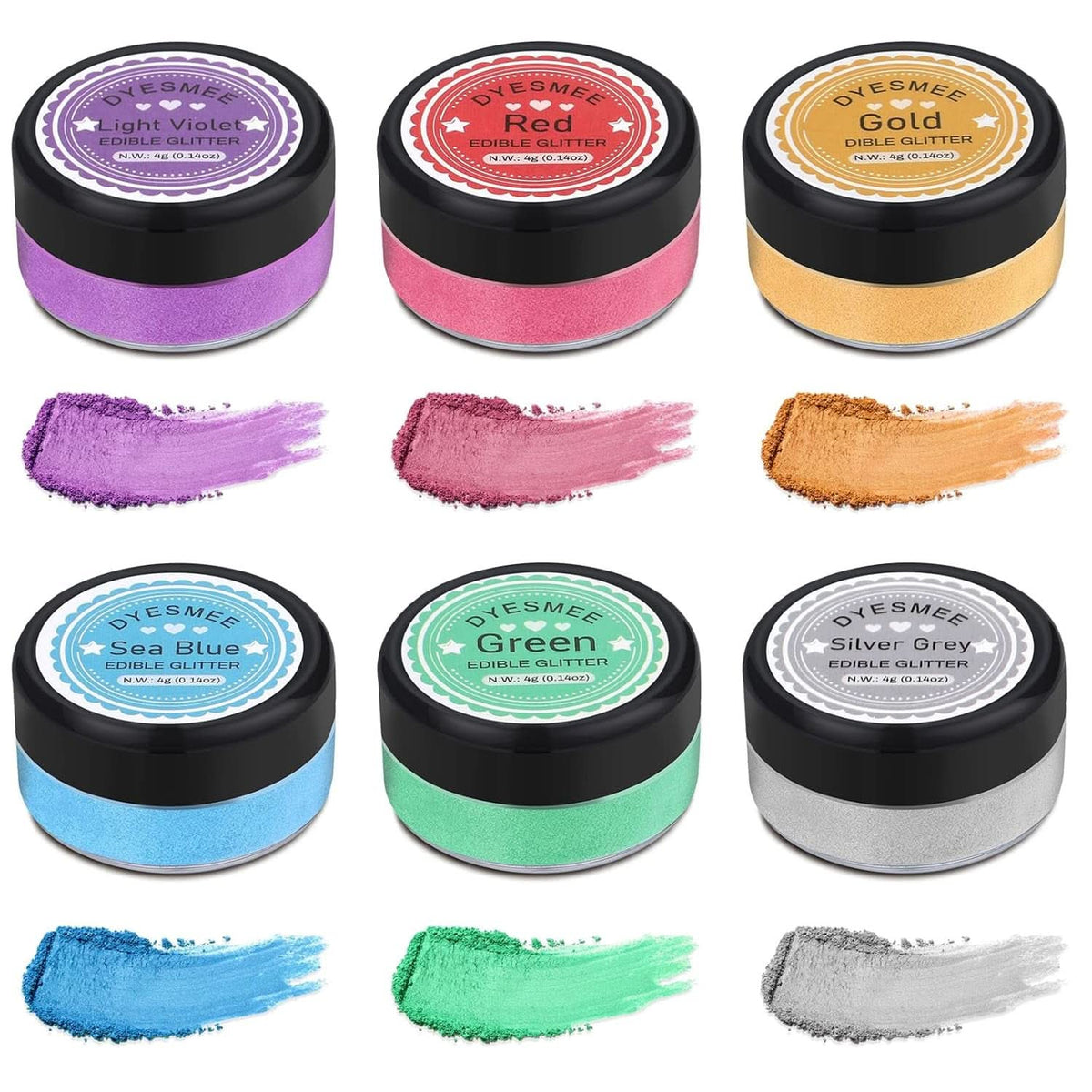 Edible glitter, Set of 4 or 6 color shades, 4 grams per product Glitter Naty Shop 6 colors