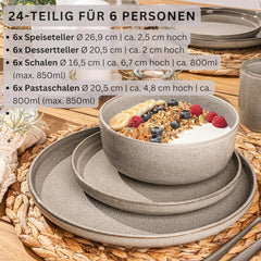 SÄNGER Cairo Clay | Set de veselă 24 piese, set de veselă din gresie pentru 6 persoane, 6 farfurii, 6 farfurii de desert, 6 boluri pentru paste, 6 boluri pentru servire, set de veselă gri | COLECȚIA VALUE