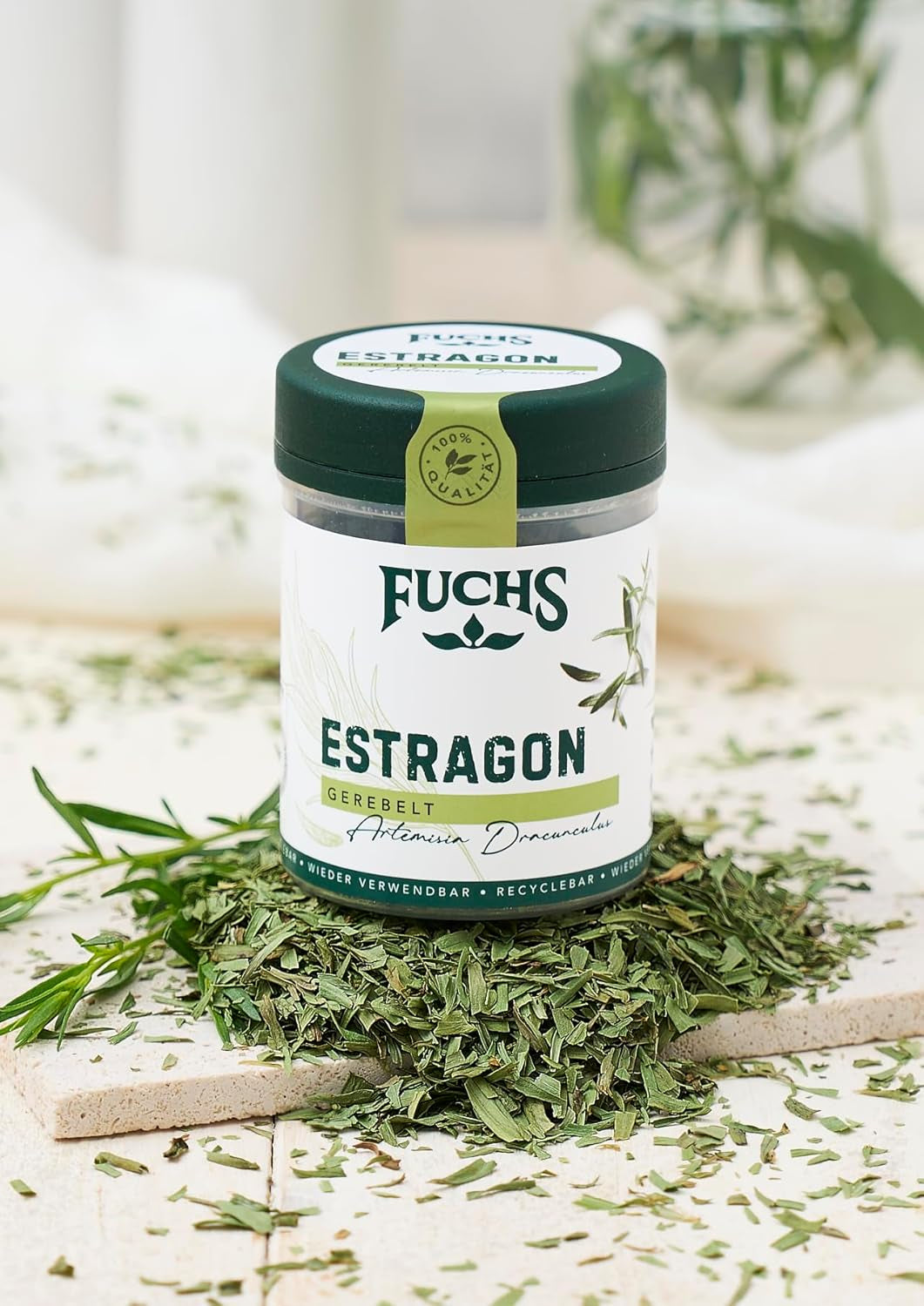Fuchs Gewürze - Estragon gerebelt - französisches Kraut zur Verfeinerung von Saladen, Sauce Hollandaise oder Rührei - natural ingredients - 10 g in wiederverwendbarer, recyclebarer Dose