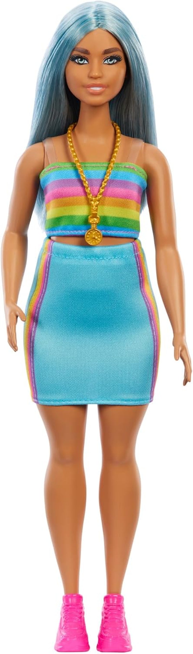 Barbie Fashionistas doll no. 218 with long blue hair, rainbow top and turquoise skirt, 65th birthday collectible fashion doll, HRH16 Naty Shop Dolls