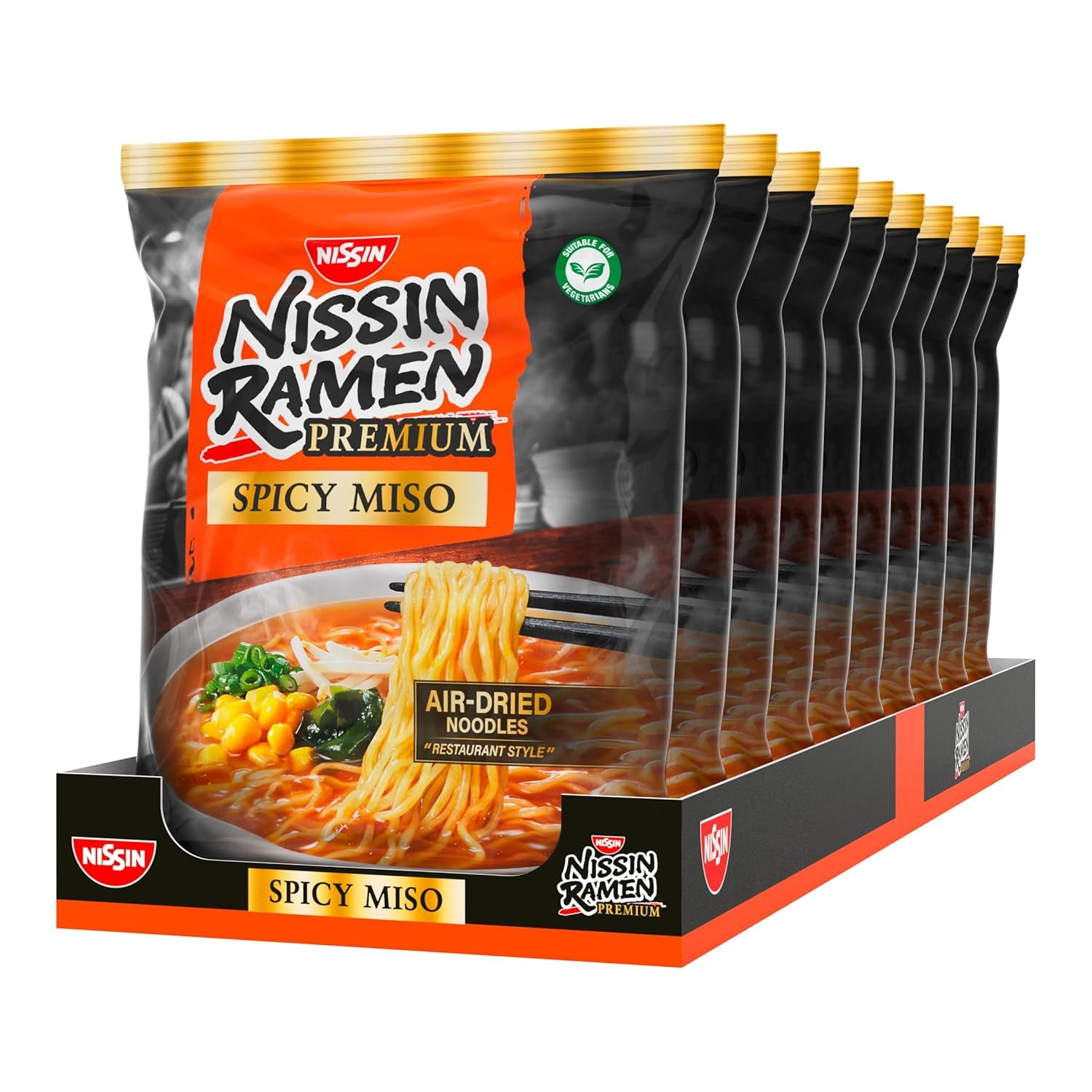 Nissin Ramen Premium - Miso Spicy 10 Pack Japanese Style Air Dry Instant Noodles for 'Restaurant Style' Ramen with a mildly spicy flavor of miso and wakame flakes (10 x 90.7g)