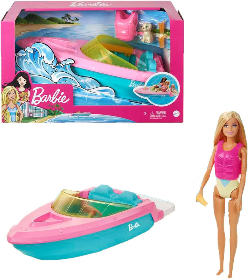 Barbie Speedboat Set, păpușă Barbie cu păr blond, vestă de salvare roz, barcă, cățel, accesorii, cadouri pentru copii cu vârsta peste 3 ani, Grg30 Papusi Naty Shop Barbie Speedboat Set