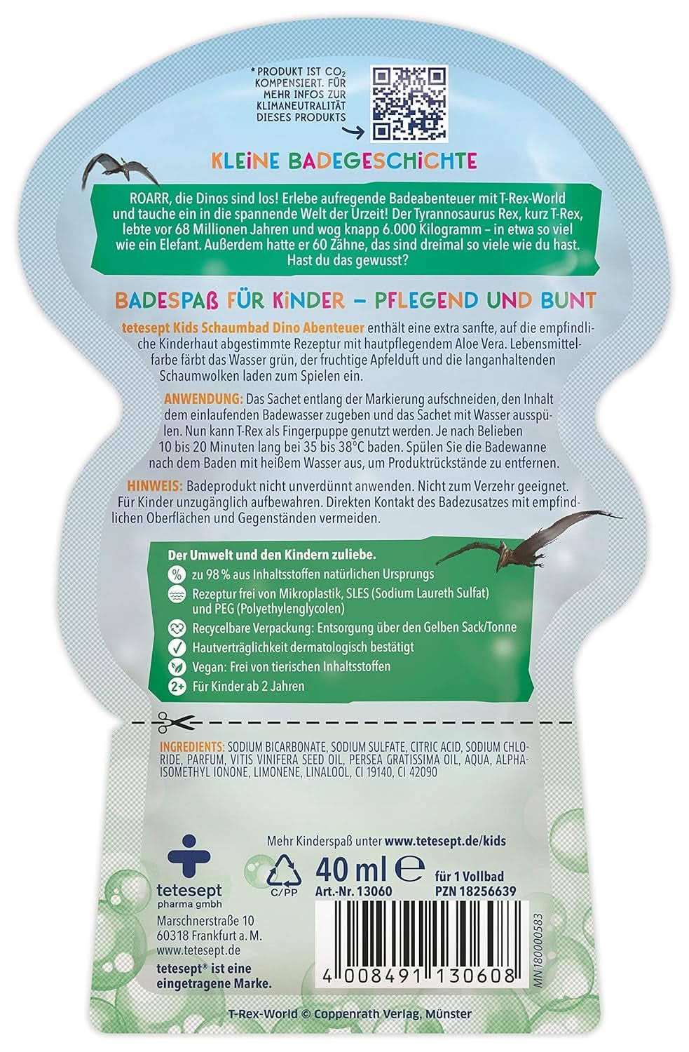 Tetesept Kids Dino - bath additive for children, foam, colors the water green, 40 ml Naty Shop