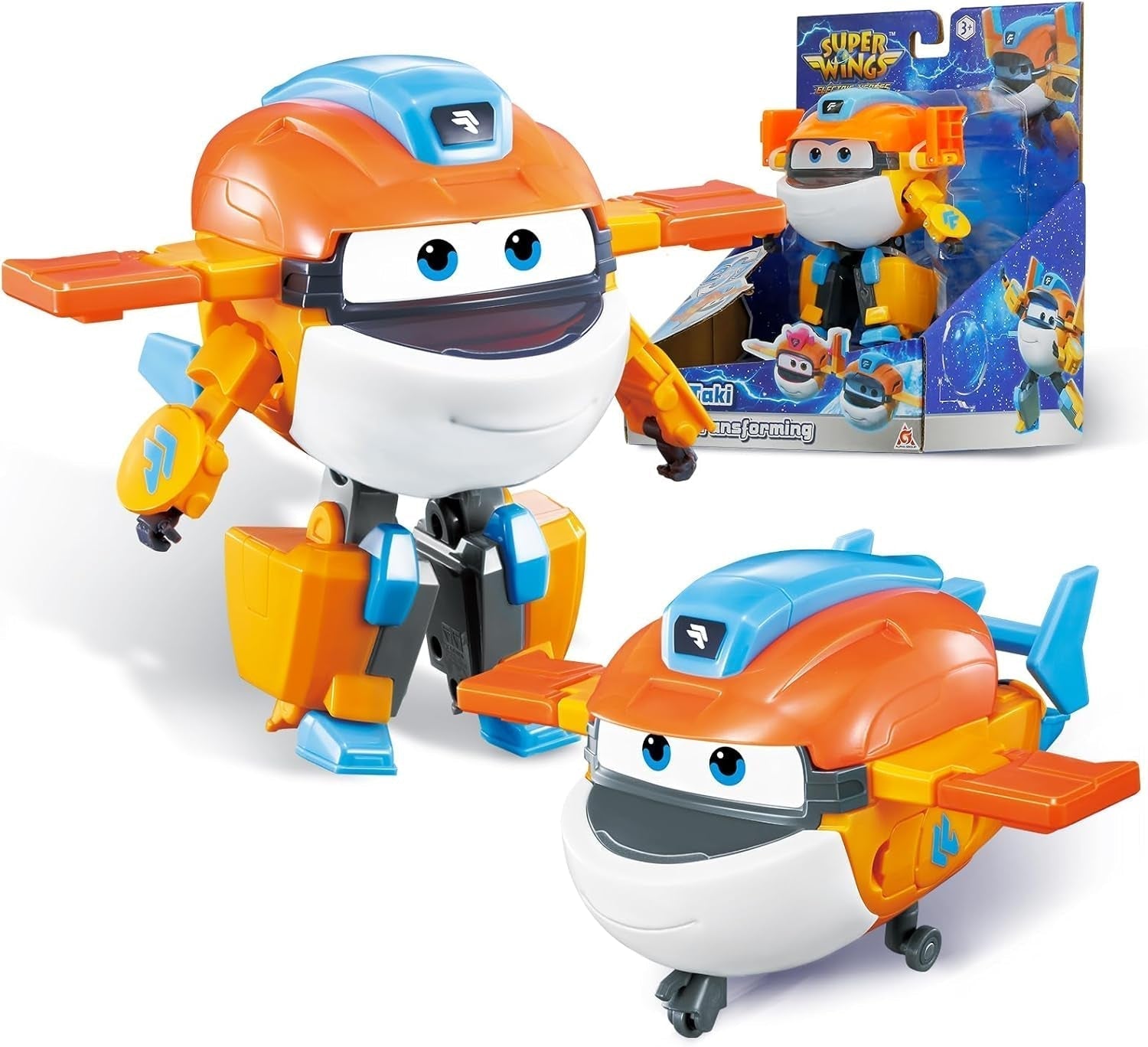 Super Wings Transformation Plane Supercharged Traver, Approx. 12.7 Cm Large Children's Play Figure Toy Airplane and Robot Figure for Boys and Girls Above 3 Years Old Silver Action Figures Naty Shop Taki