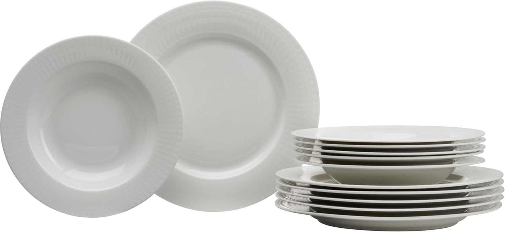 Ritzenhoff & Breker Sofia Tafelservice 12-teilig, Speiseteller (26 cm) und Suppenteller (22 cm) für 6 Personen, Tafel-Set mit feinem Rillenrelief, Fine-Dining-Geschirr, Porzellan, Weiß