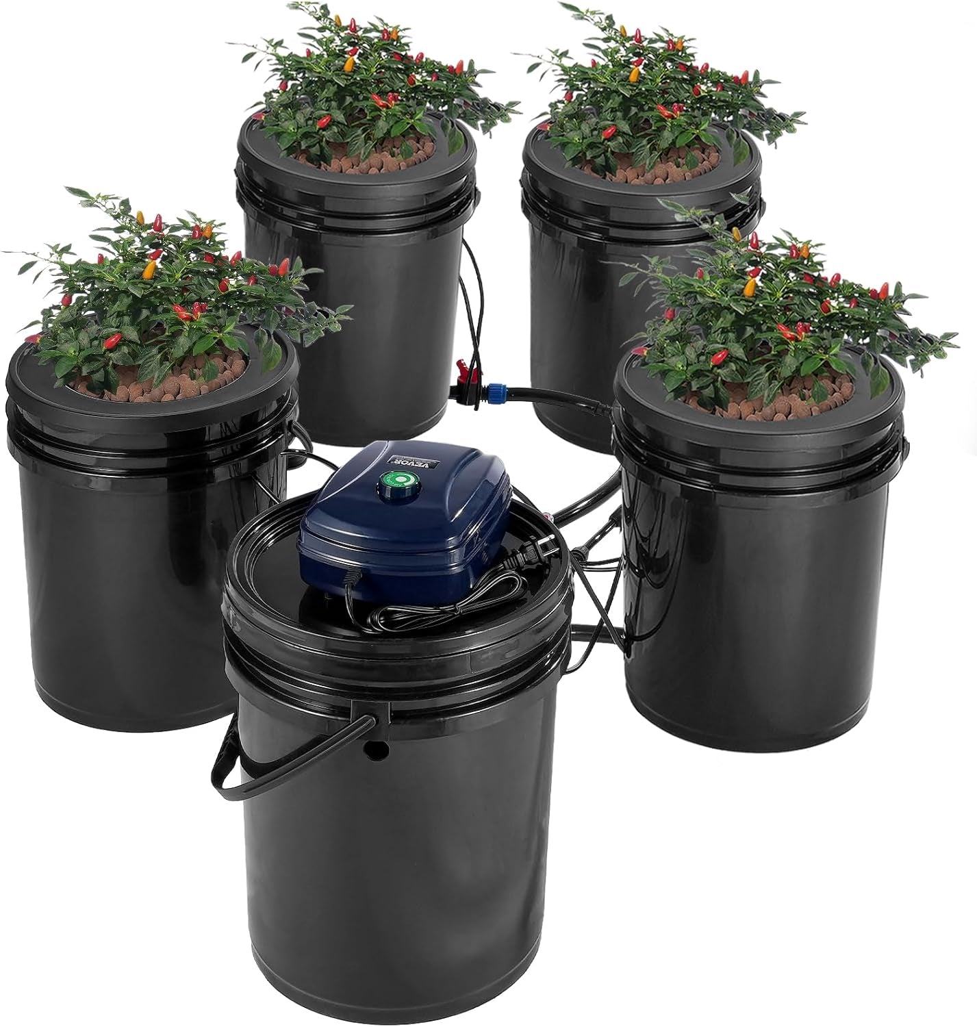 VEVOR DWC Hydroponic Grow System, Hydroponic Grow Systems, Deep Water Cultivation 4 20 Liter Buckets, DWC System with Air Pump, Air Stones and Water Level Indicator for Leafy Vegetables
