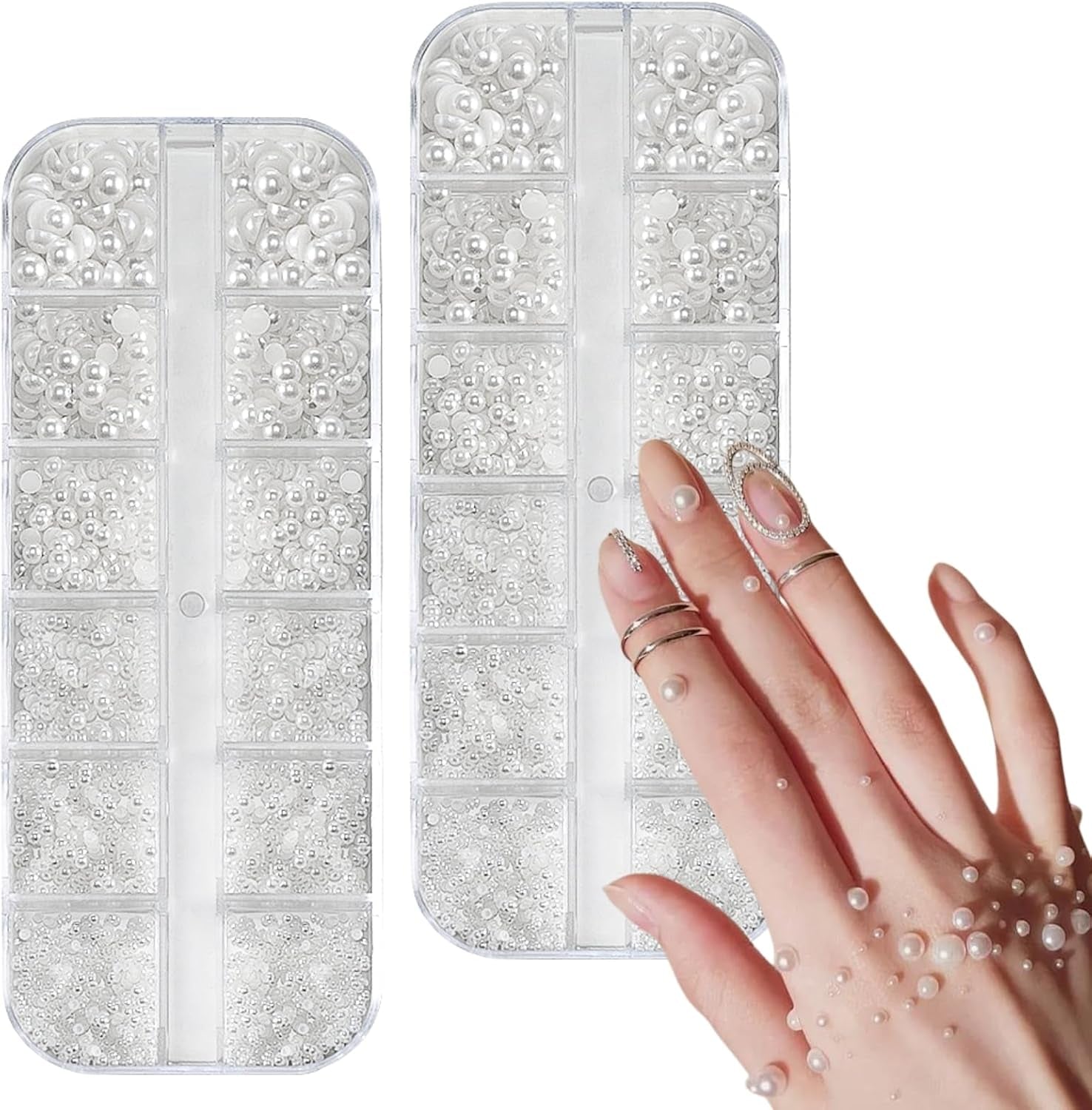 12 Größen Nail Art Perlen, Flache Perlen, Nail Art Accessoires, Halbkreis Nagelperlen, Weiße Nail Charms Und Glitzersteine Nägel Für Nail Art Design, DIY Basteln, Alltag, Hochzeit (2 Boxen)