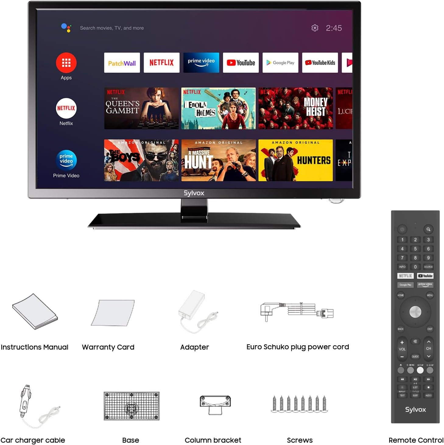 SYLVOX Televizor inteligent Android de 27 de inci pentru autorulote, televizor de călătorie 1080P cu DVD player încorporat, televizor de 12V cu asistent Google, AC/DC, difuzoare HiFi, tuner triplu, HDMI USB, televizor pentru rulote