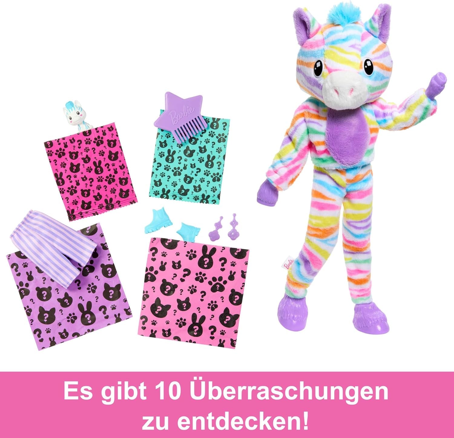 Păpușa Barbie Cutie Reveal și accesorii, costum de pluș zebră curcubeu și 10 surprize care își schimbă culoarea, gama Color Dream, HRK39