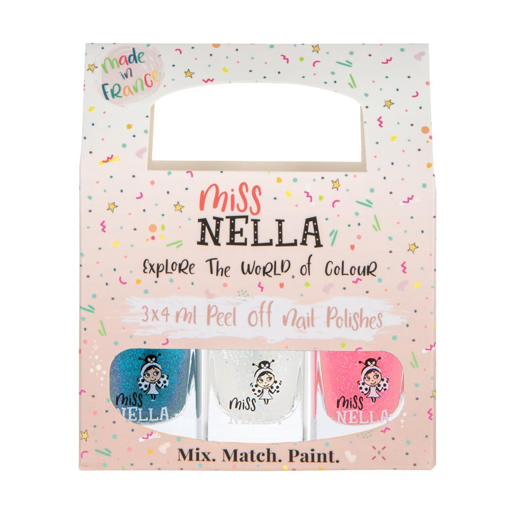 Miss Nella Magic Collection 4 Piece Glitter Nail Polish Set: Pink, Red, Gold and Blue, Kids Special Removable Nail Polish, Non-Toxic, Water-Based, Odorless