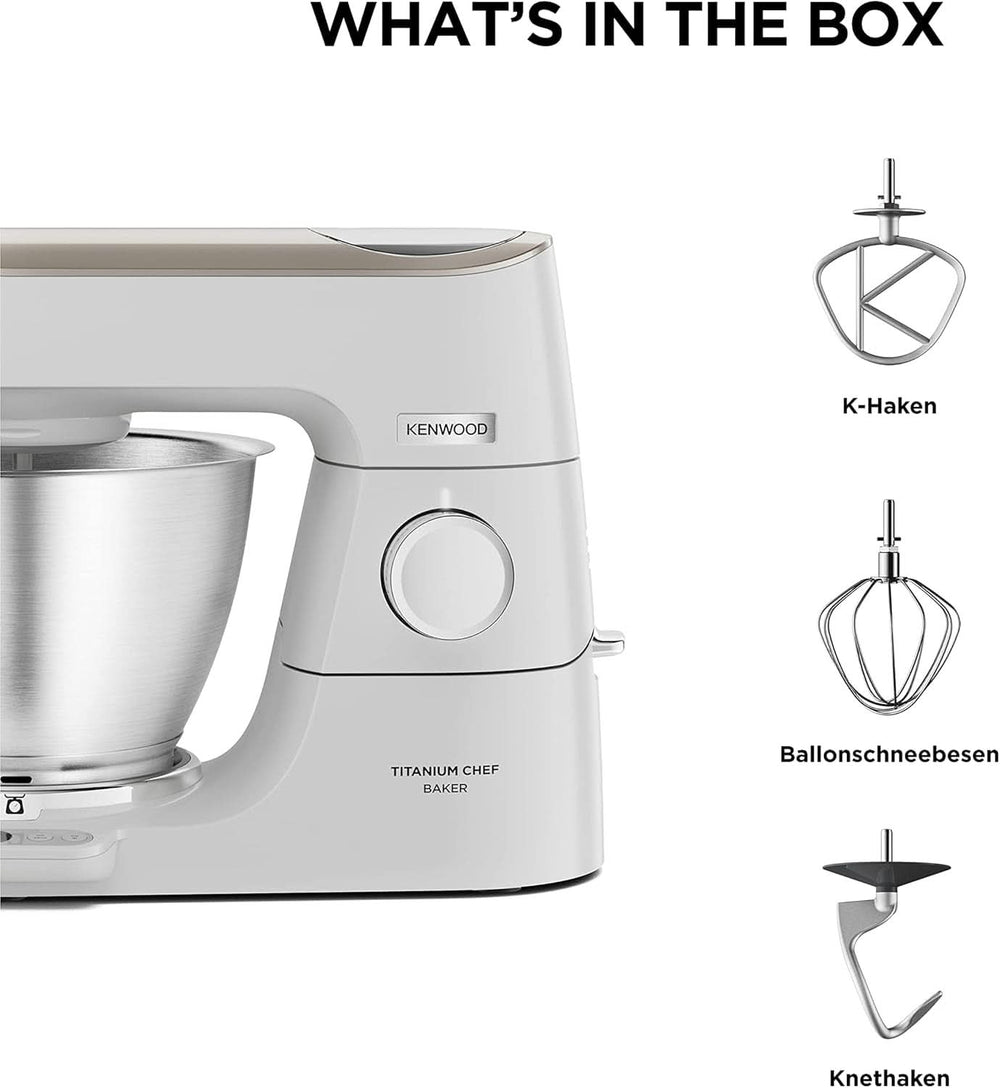 Kenwood Titanium Chef Baker KVC65.001WH, Küchenmaschine Mit Integrierter Waage, 1200 Watt, Inkl. 3-Teiligem Patisserie-Set, Spatula & Spritzschutz, Weiß Mother and Child Naty Shop