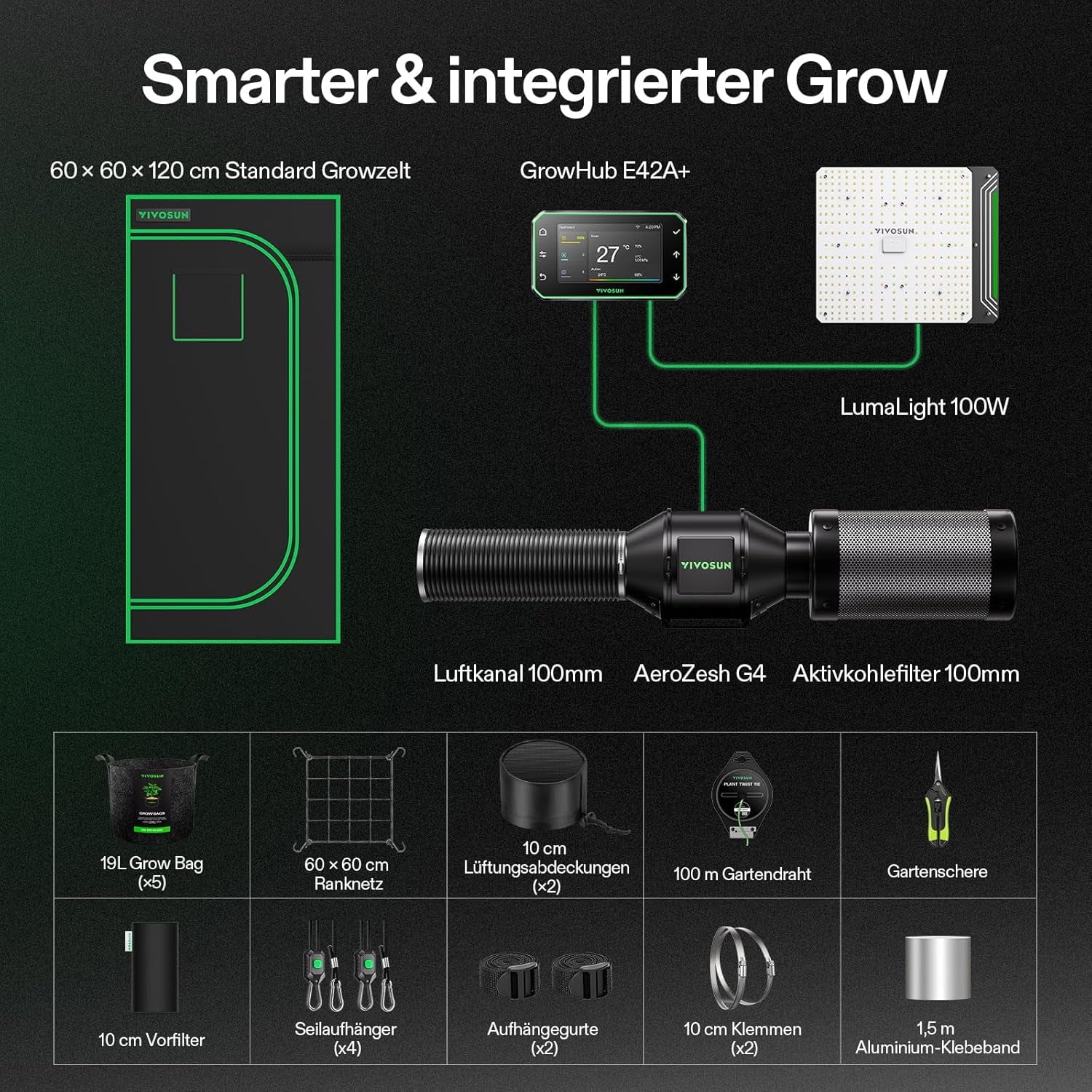 VIVOSUN Smart Grow Tent Full Set 60x60x120cm, integrated WiFi automatic grow system with 100W full spectrum LED light and efficient ventilation system with GrowHub E42A+ controller