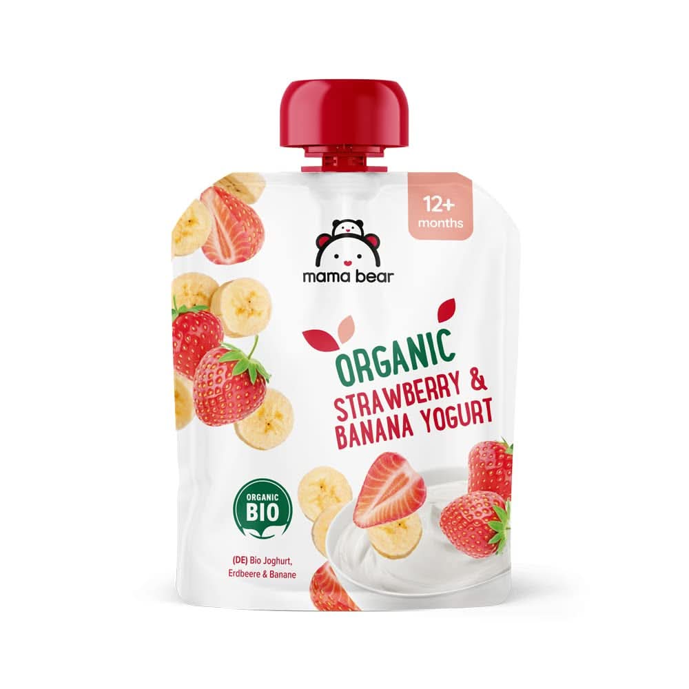 Mama Bear Organic yogurt, strawberry, banana and yogurt preparation, vegetarian, 90 grams (pack of 6) Mother and Child Naty Shop