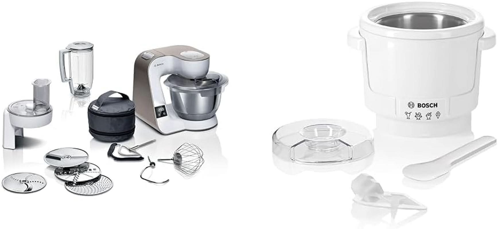 Robot de bucătărie Bosch Seria 4 MUM5X720, cântar integrat, bol din oțel inoxidabil 3.9L, mixer 1.25L, 1000W Accesorii Hrana si Alaptare Bebe Naty Shop Pachet cu mașină de făcut gheață Alb Sampanie 2 accesorii