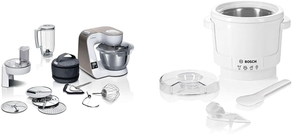 Bosch Series 4 MUM5X720 food processor, integrated scale, stainless steel bowl 3.9L, mixer 1.25L, 1000W Accessories Food and Breastfeeding Bebe Naty Shop Package with ice maker White Champagne 2 accessories
