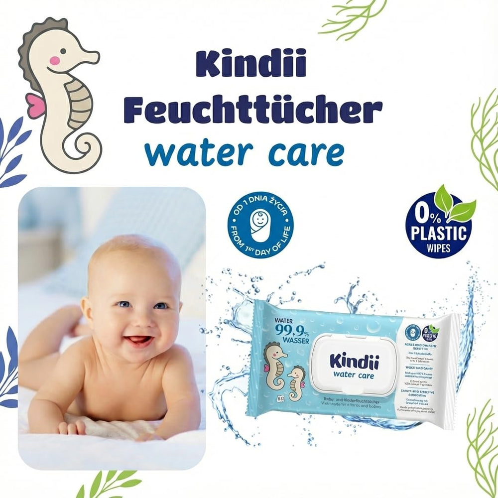 Kindii Water Care Wet Wipes - Aqua Baby Wipes - 100% Viscose, 99.9% Water, Grapefruit Extract, Scarf Size 150x200, 100% Biodegradable, Plastic Free, Cleansing Wipes for Sensitive Skin
