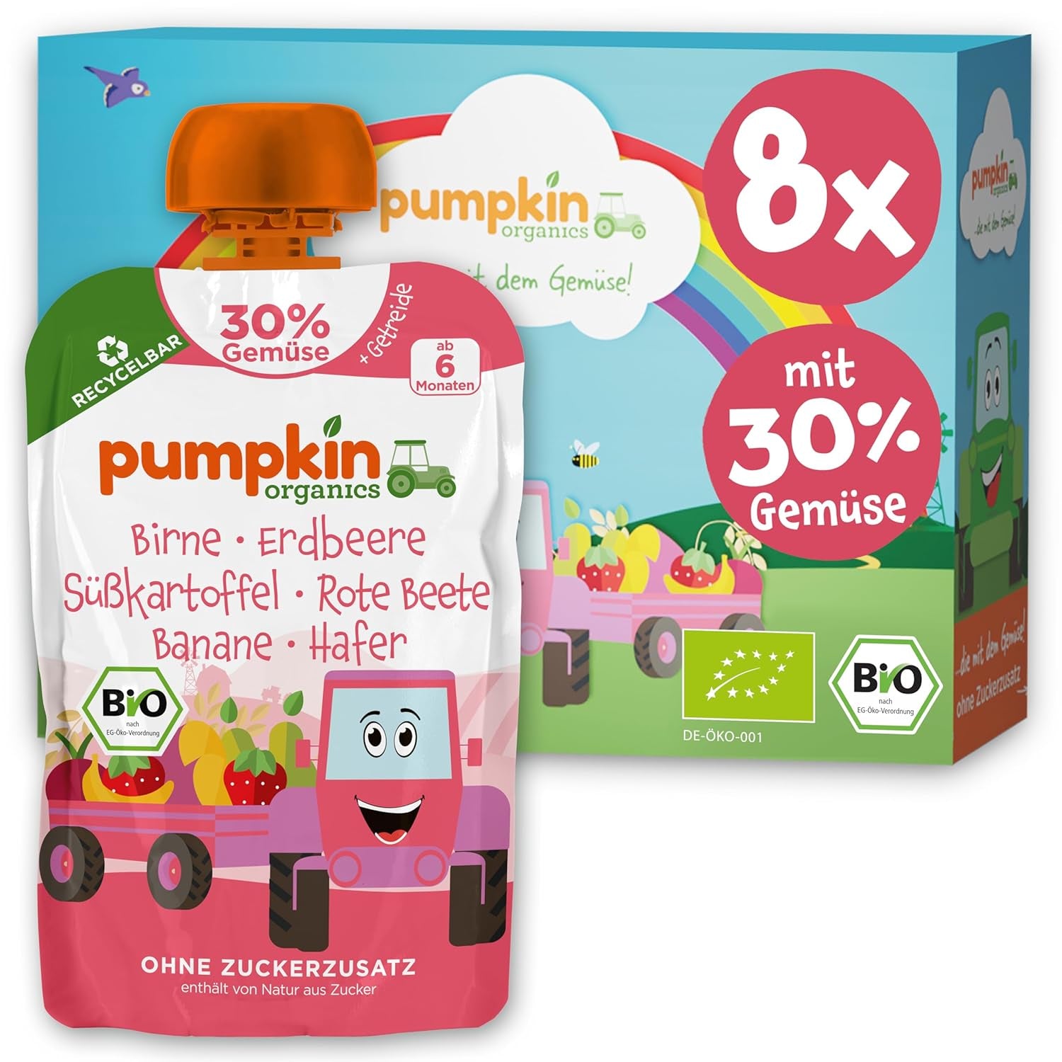 Pumpkin Organics bags of organic vegetables and cereals, pack of 8: Pear, Strawberries, Sweet potatoes, Beetroot, Banana, Oats - No added sugar¹ - From 6 months - as a snack or complementary food in the package (8 x 100g)