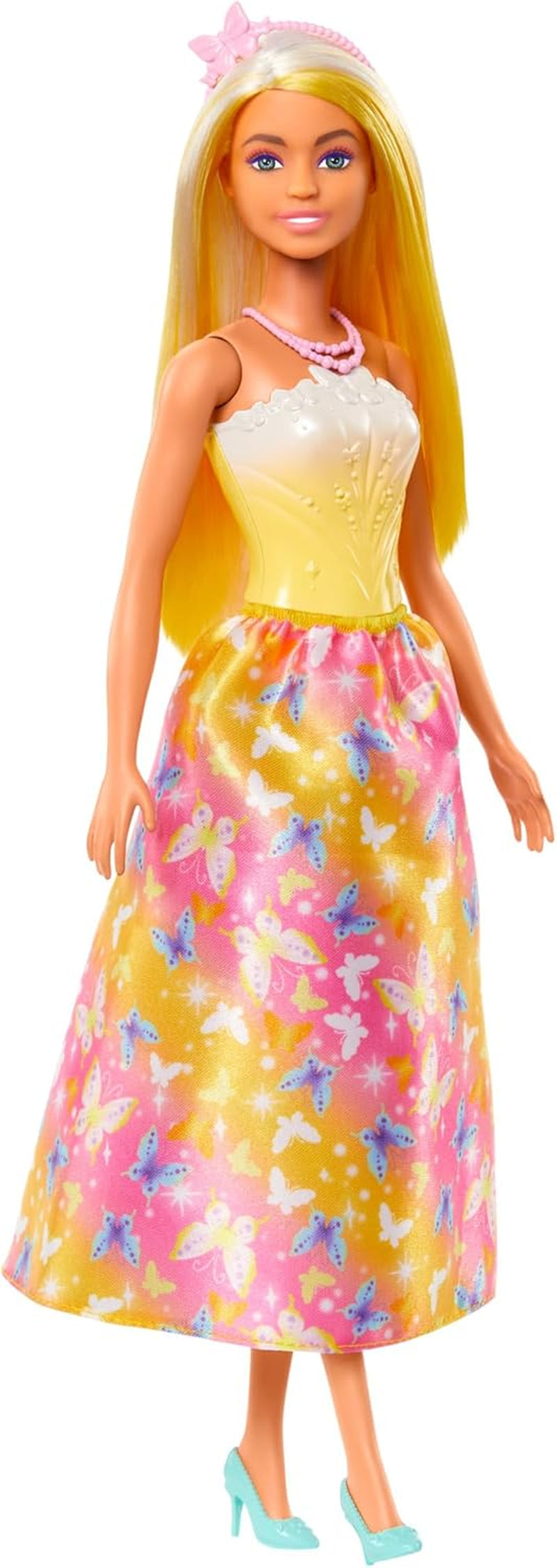 Păpușă Barbie Royal cu păr fantezist cu șuvițe colorate, accesorii colorate, top galben cu gradient și fustă cu model fluture, HRR09 Papusi Naty Shop Titlu implicit