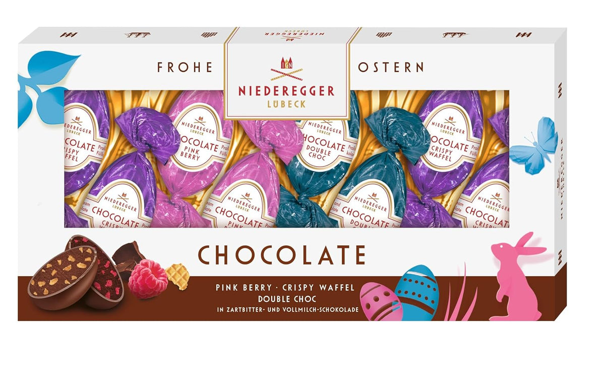 Niederegger | Chocolate Eggs | 1 x 100g | Chocolate eggs with flavors of pink berries, crispy wafer and double chocolate | Covered in dark and milk chocolate | Easter Gift | Chocolate eggs