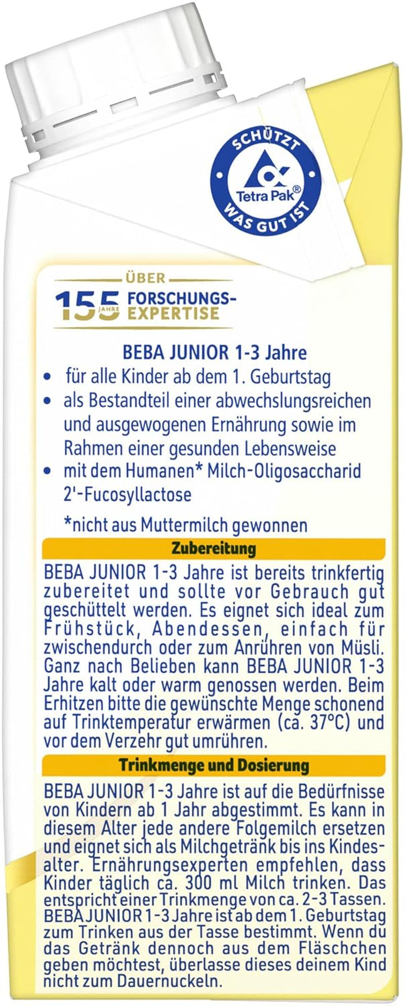 BEBA Junior Ready-to-Drink Milk Drink 1-3 Years, With HMO, Age Appropriate Protein Content, Palm Oil Free, Fish Oil Free, Toddler Food, Pack of 6 (6 x 200ml)