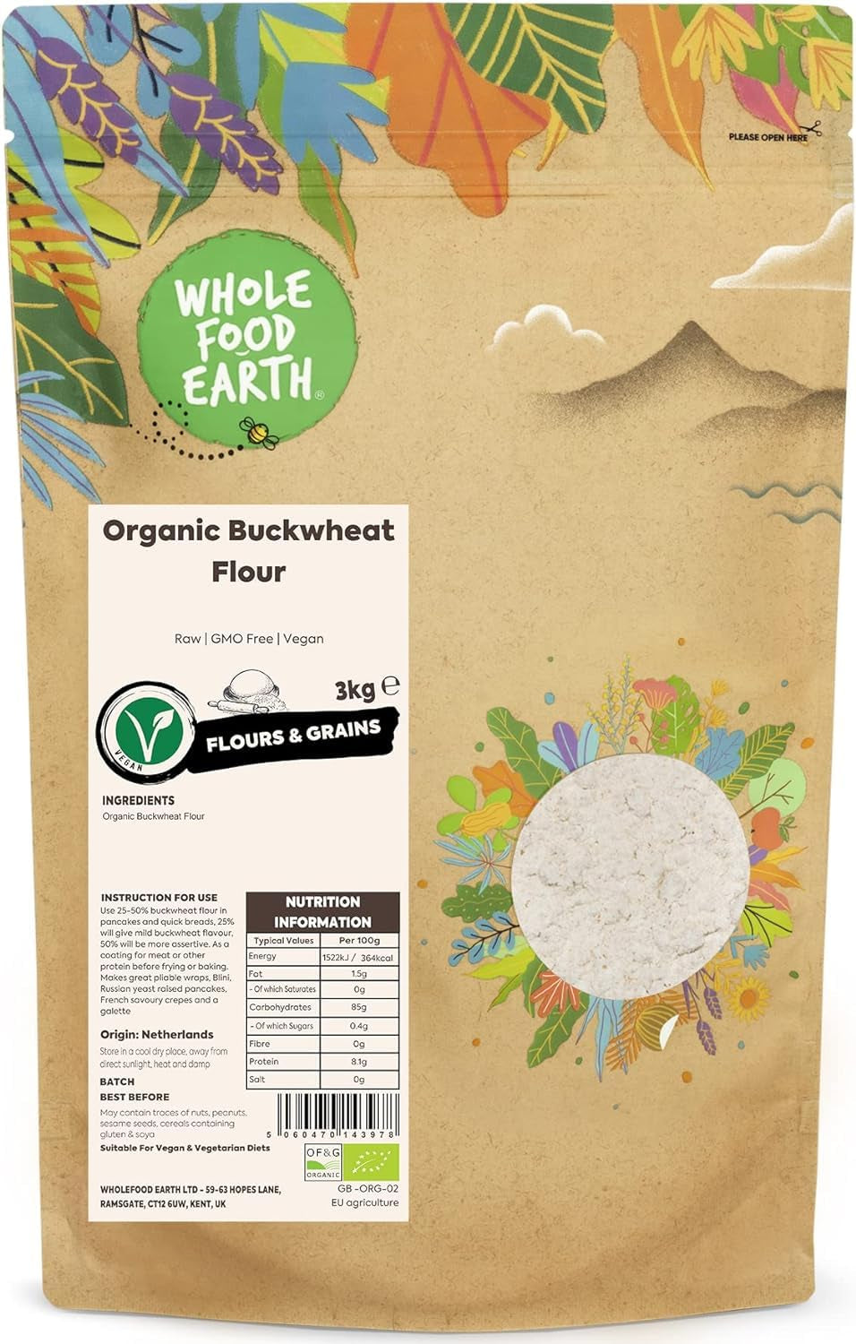 Wholefood Earth organic buckwheat flour 1kg | Cruel | Non-GMO | Vegan | Certified organic