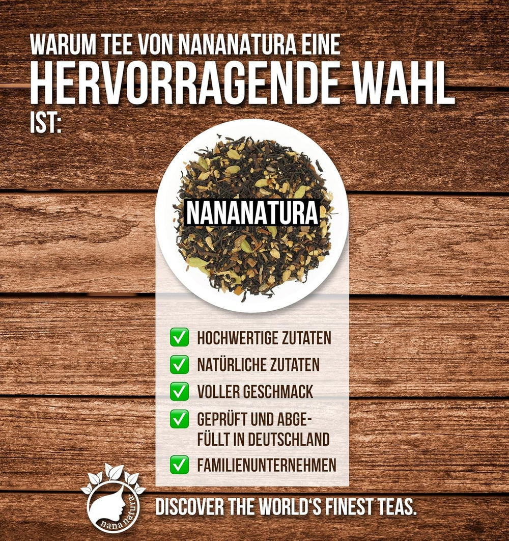 Nananatura'S MASALA CHAI TEE 100G | Perfect pentru ceai chai, chai latte cu lapte sau chai rece | 100% natural | Ceai negru delicios cu condimente indiene aromate | Încălzitor și energizant