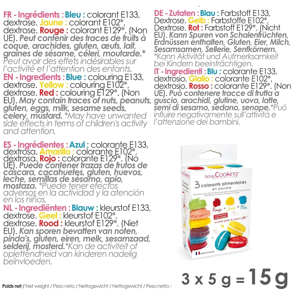 Scrapcooking - Set de 3 coloranți alimentari pudră - Roșu Galben Albastru - Coloranți alimentari pentru copt, prăjituri, fursecuri, prăjituri, aluat, fondant, tort curcubeu - 4011