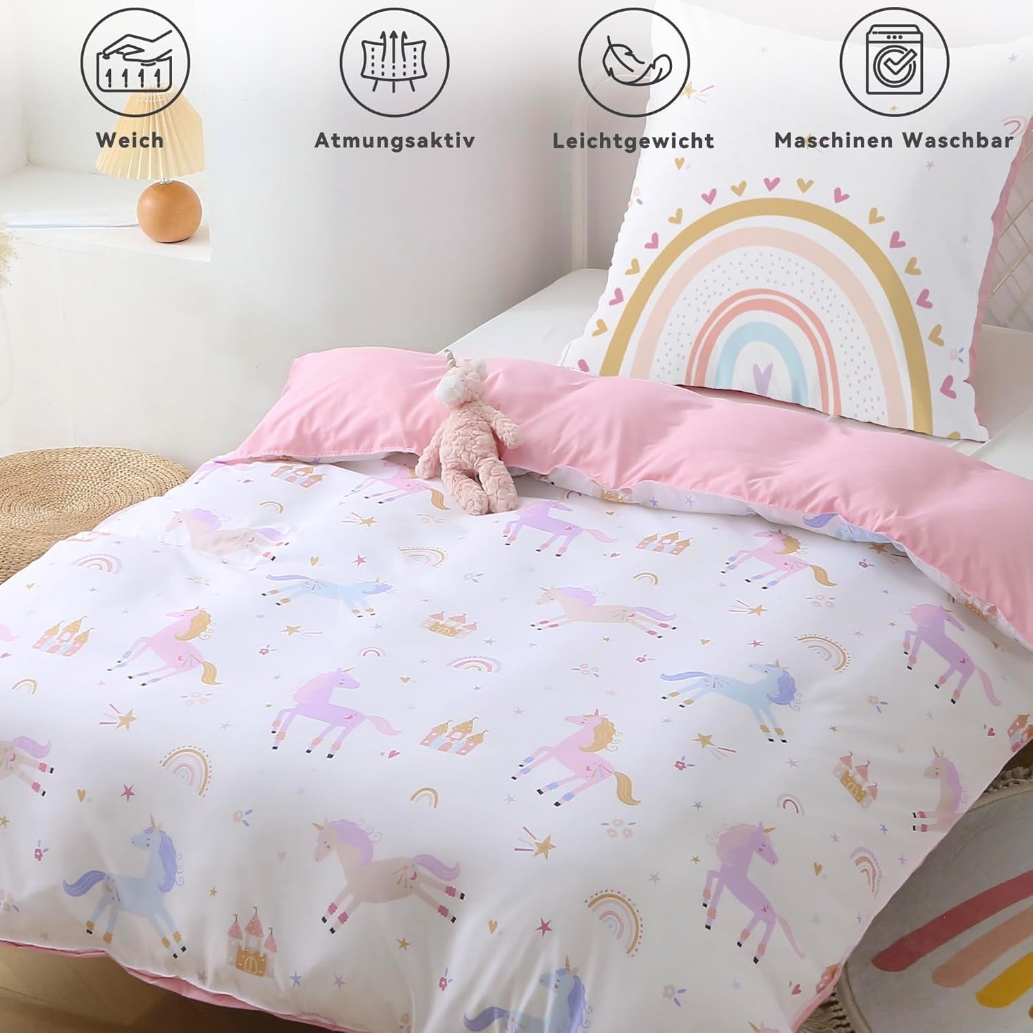 Fekohipy Bettwäsche 135X200 Mädchen Einhorn Kinderbettwäsche Rosa 3D-Druck Mikrofaser Regenbogen Kinder Bettbezug Mit Reißverschluss Und 1 Kissenbezug 80X80Cm 2-Teilige Kinderbettwäsche-Set Naty Shop