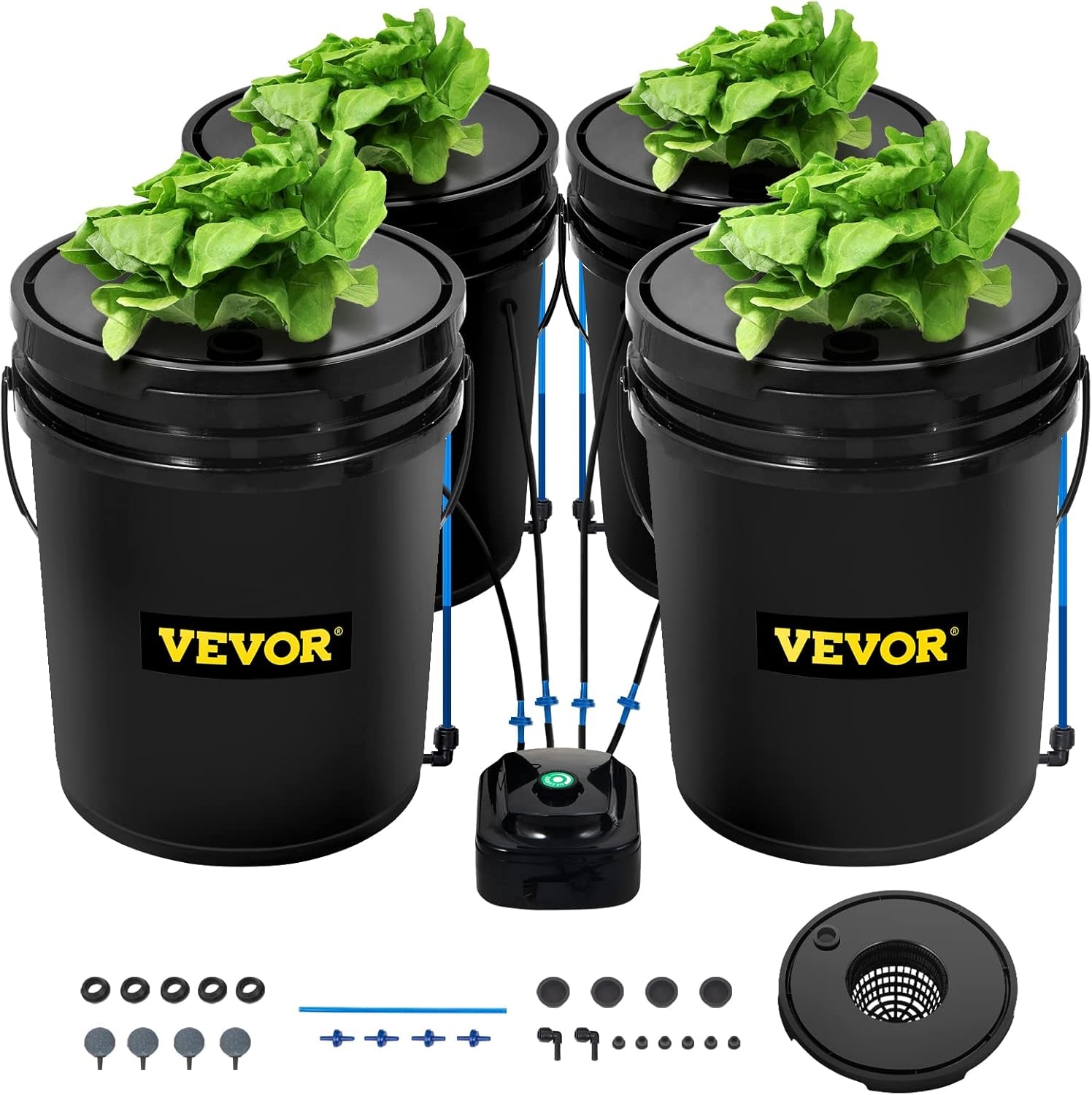 VEVOR DWC Hydroponic Grow System Drip Pot Kit Hydroponic Grow Systems Deep Water Cultivation 4 20L Buckets with Air Pump Air Stones and Water Level Indicator for Green Leaf Vegetables