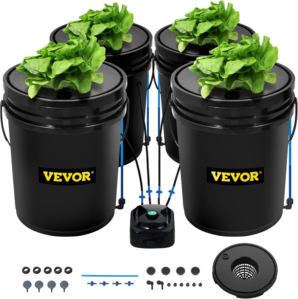 VEVOR DWC Hydroponic Grow System, Hydroponic Grow Systems, Deep Water Cultivation 4 20 Liter Buckets, DWC System with Air Pump, Air Stones and Water Level Indicator for Leafy Vegetables