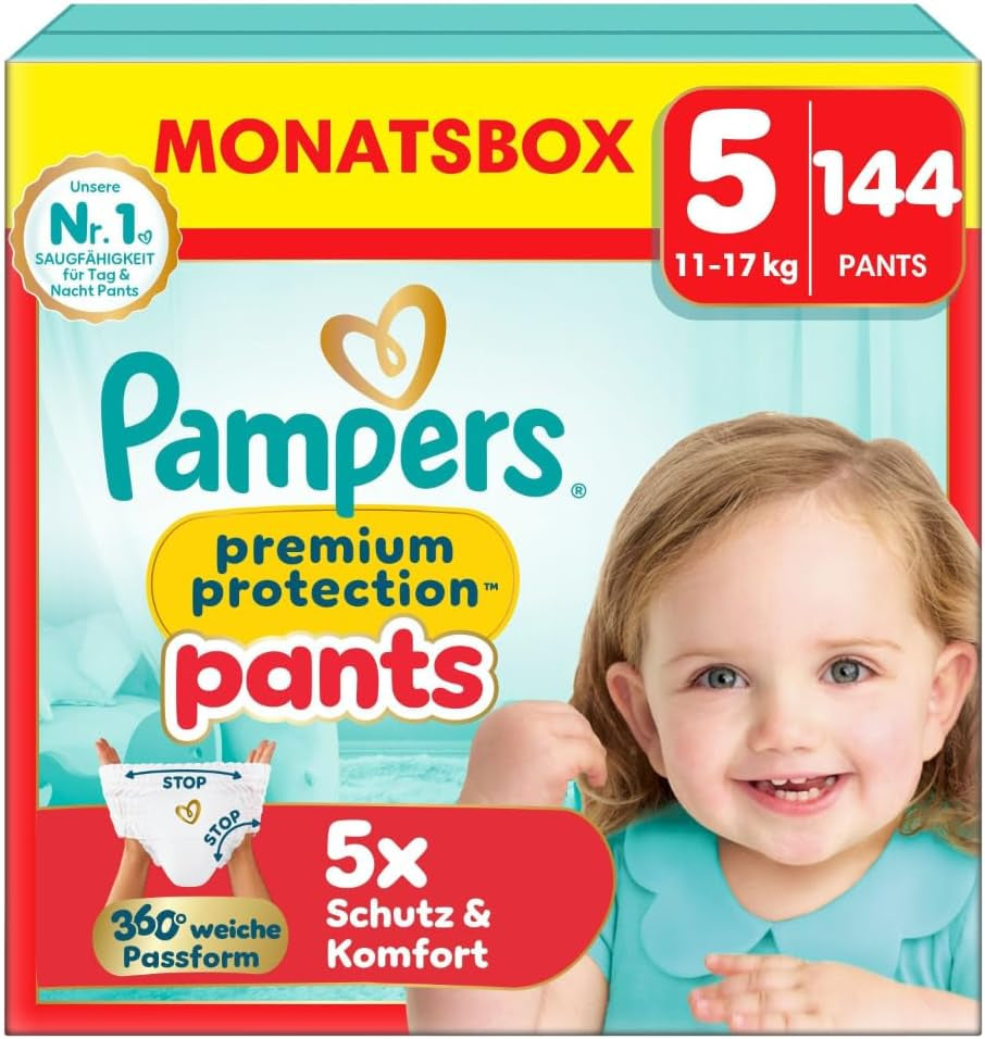 Pampers Premium Protection Pants Size 7, 123 Diapers, 15kg+, with 360° adjustment and soft anti-leak cuffs for optimal comfort and protection