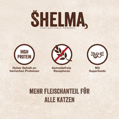Shelma Hrană umedă pentru pisici Megapack cu carne de vită, curcan, pui și rață – Hrană completă fără cereale cu conținut ridicat de carne – 40 x 85 g (3,4 kg)