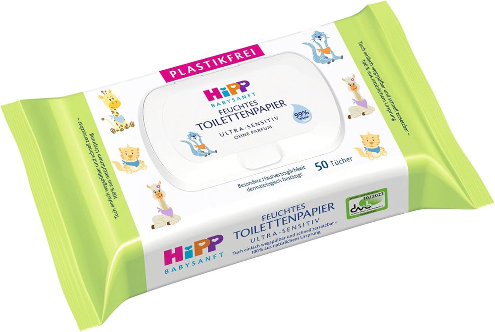 Hârtie igienică umedă HiPP Baby Soft (6 x 50 de coli), cu 99% apă, ultra-sensibilă, fără parfum, cu capac rabatabil
