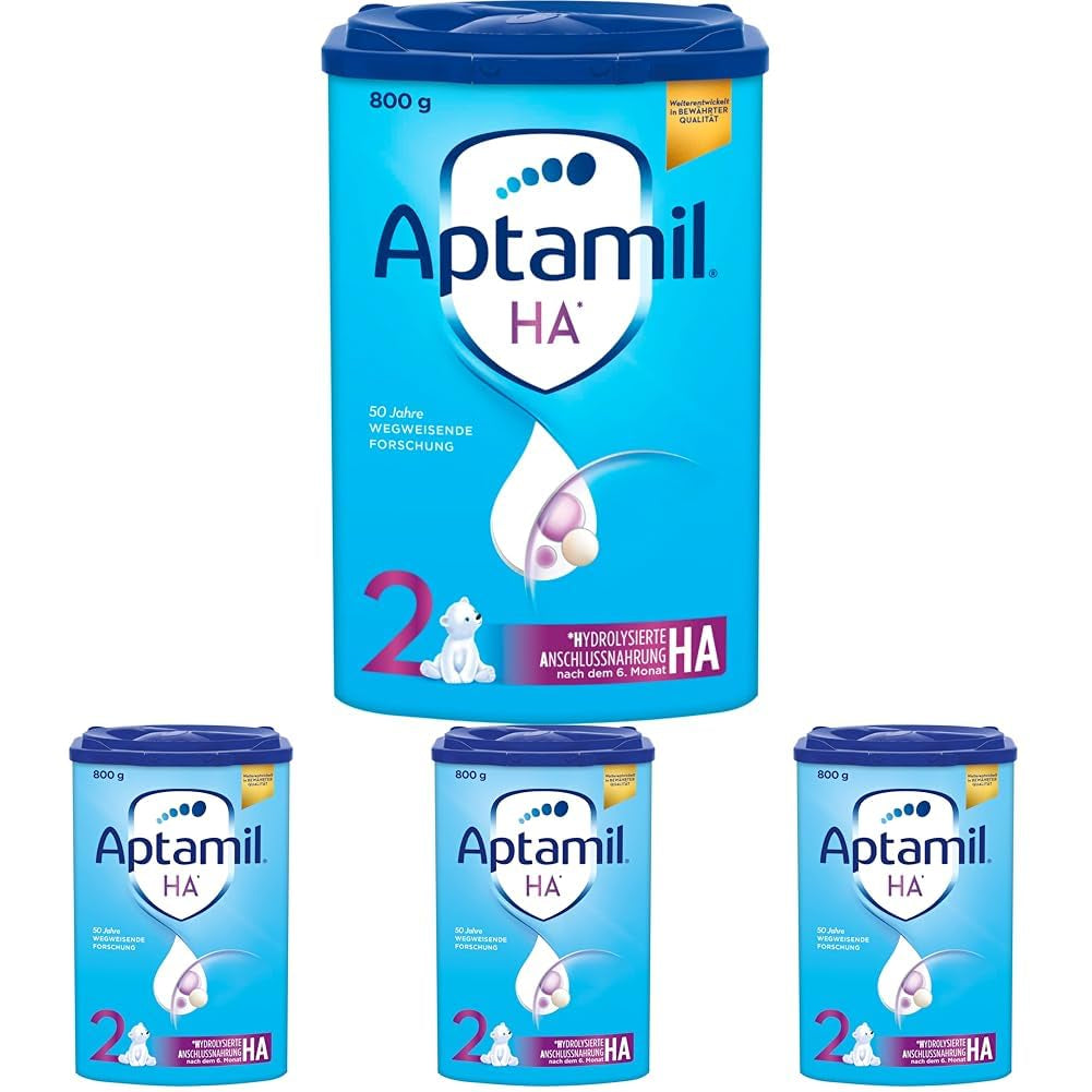 Aptamil HA 2 – Follow-on formula after 6 months, with Omega 3 and 6, DHA, ARA and ALA, Lactose free, Palm oil free, Baby food, Milk powder, 1 x 800g (Pack of 4)