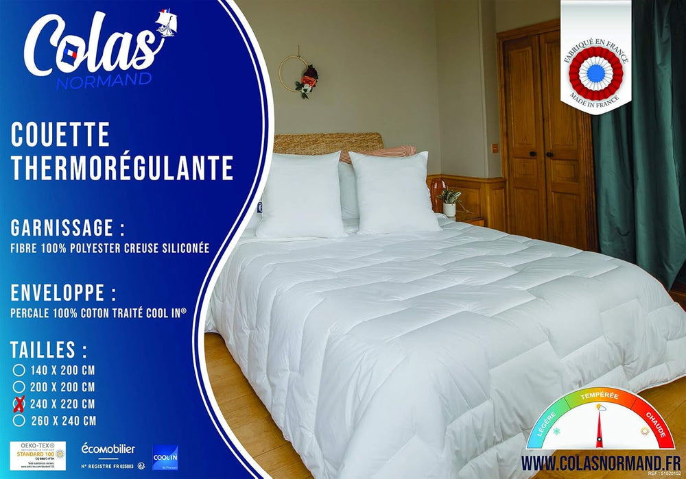 Thermoregulating quilt, Temperate, 240 X 220 Cm, Sweat, Optimal ventilation, 100% cotton, Percale, Fresh Feel, French Quilts and quilts Naty Shop