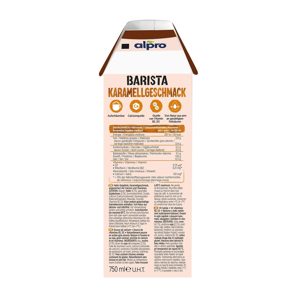 Alpro Barista Karamell – Zum Aufschäumen – Von Natur aus laktosefrei – 8 x 750 ml – Haltbar